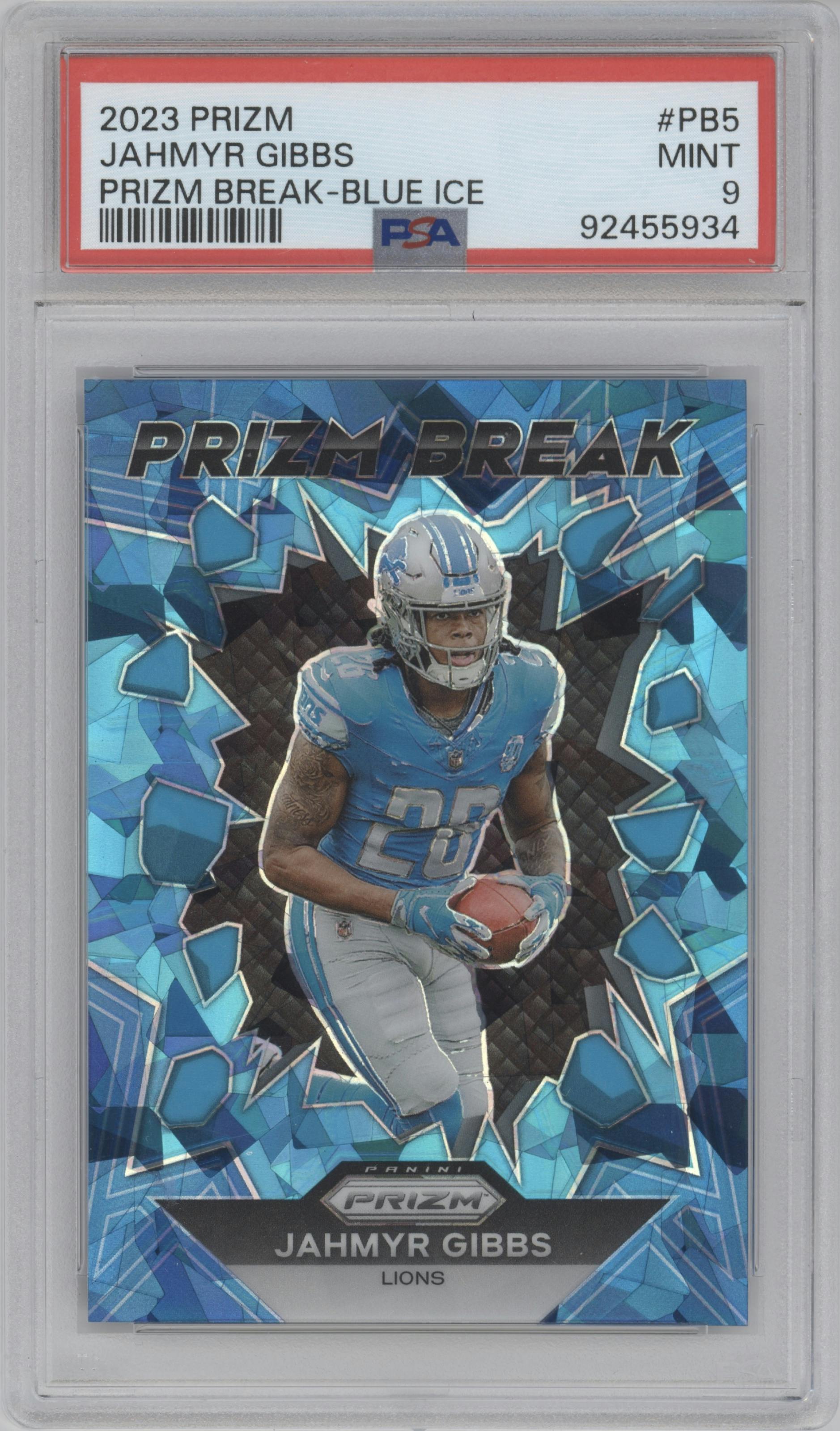 Jahmyr Gibbs from the 2023 Panini Prizm set featuring a Blue Ice parallel graded by PSA and given an overall grade of 9.
