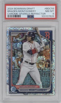 Braden Montgomery from the 2024 Bowman Draft set featuring a Sparkle Refractor parallel graded by PSA and given an overall grade of 8.