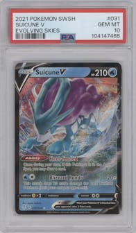 Suicune V from the 2021 Pokemon SWSH set graded by PSA and given an overall grade of 10.