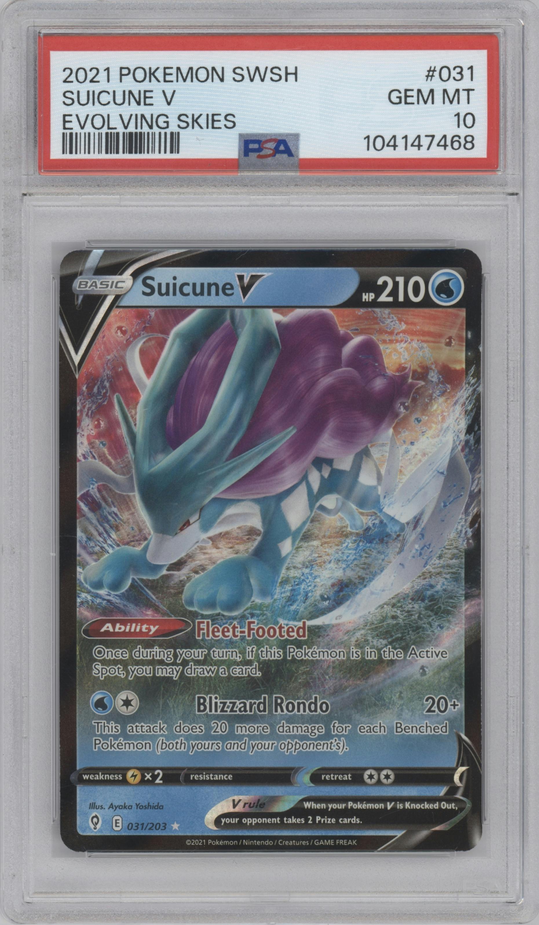 Suicune V from the 2021 Pokemon SWSH set graded by PSA and given an overall grade of 10.