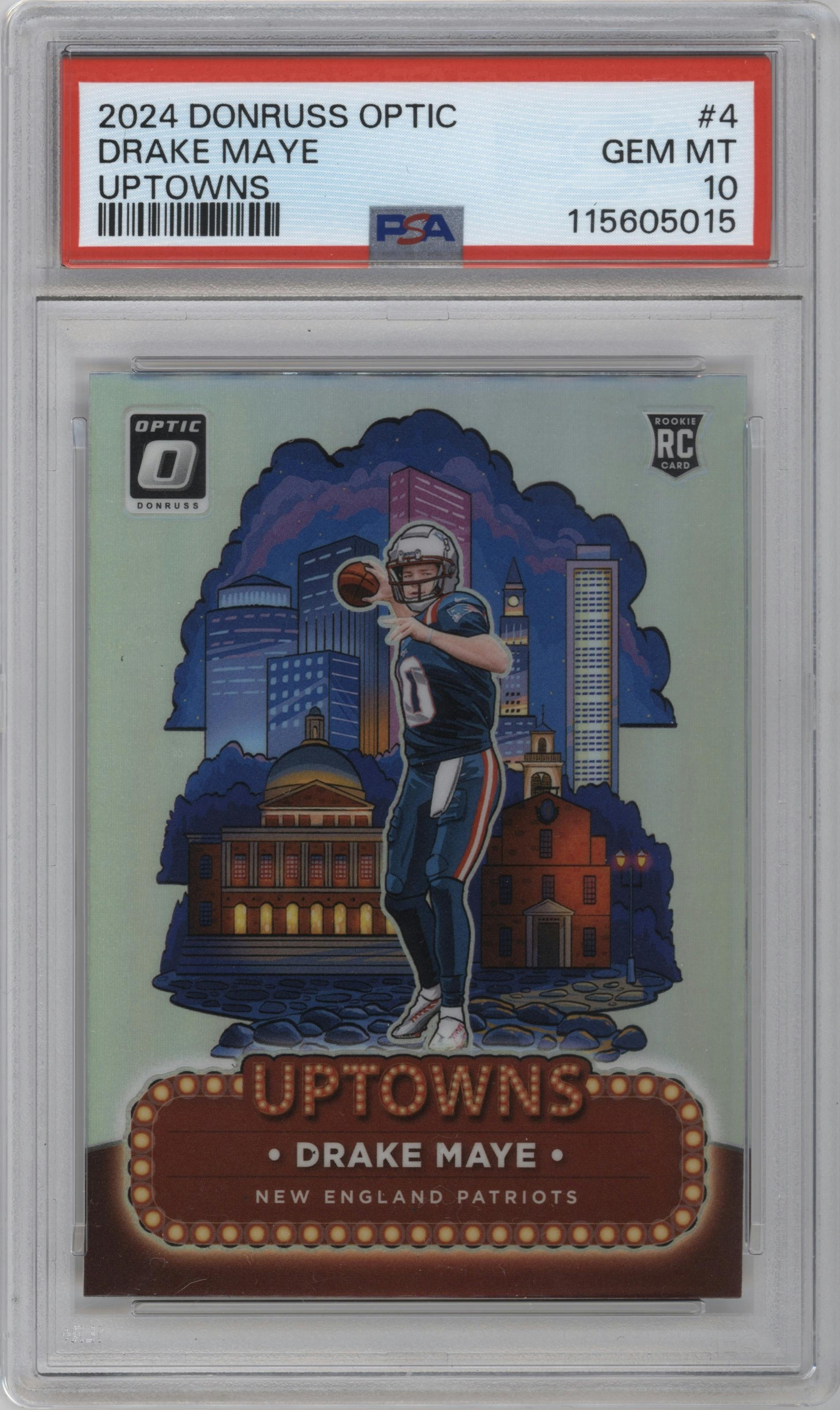 Drake Maye from the 2024 Donruss Optic set graded by PSA and given an overall grade of 10.
