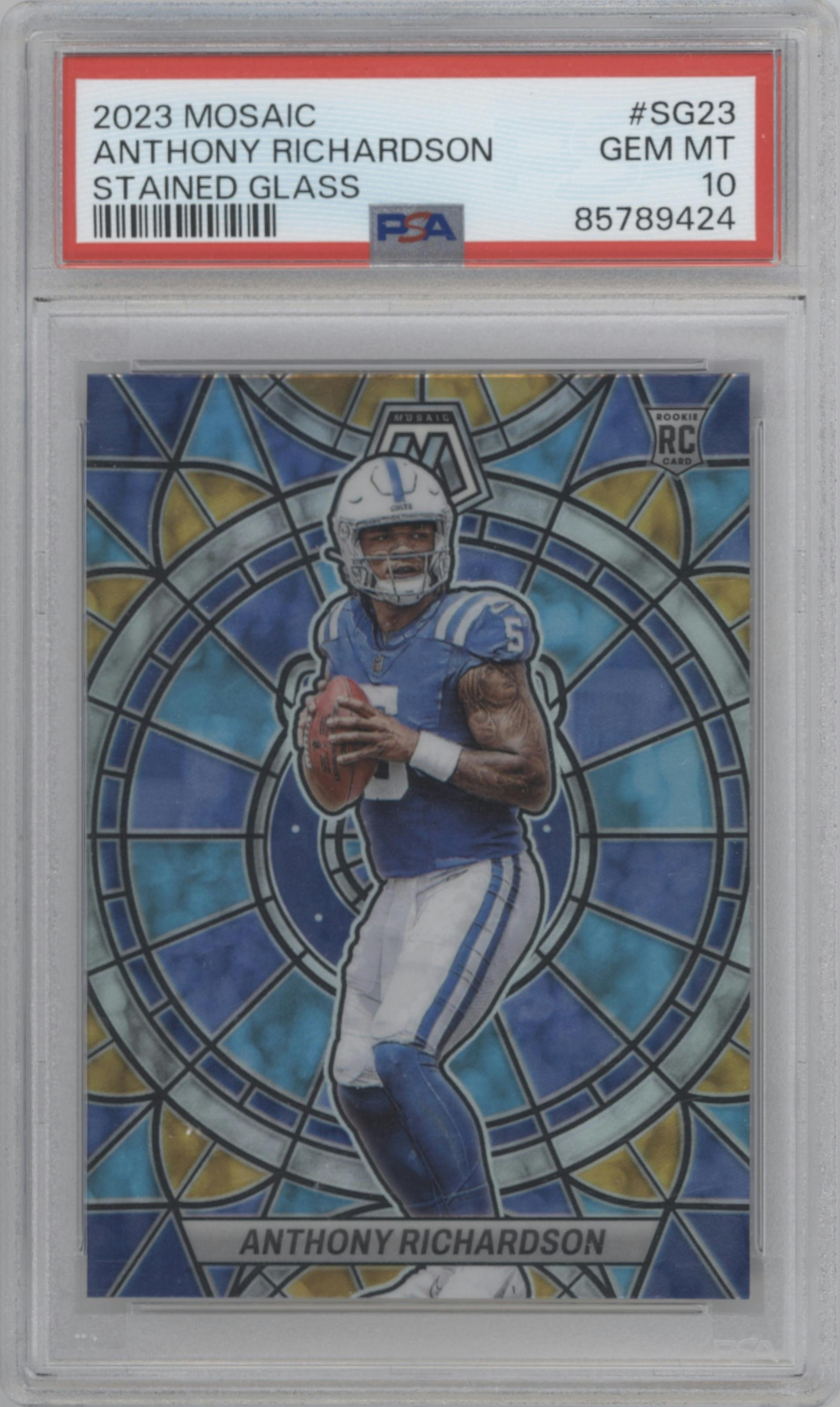 Anthony Richardson from the 2023 Panini Mosaic set graded by PSA and given an overall grade of 10.