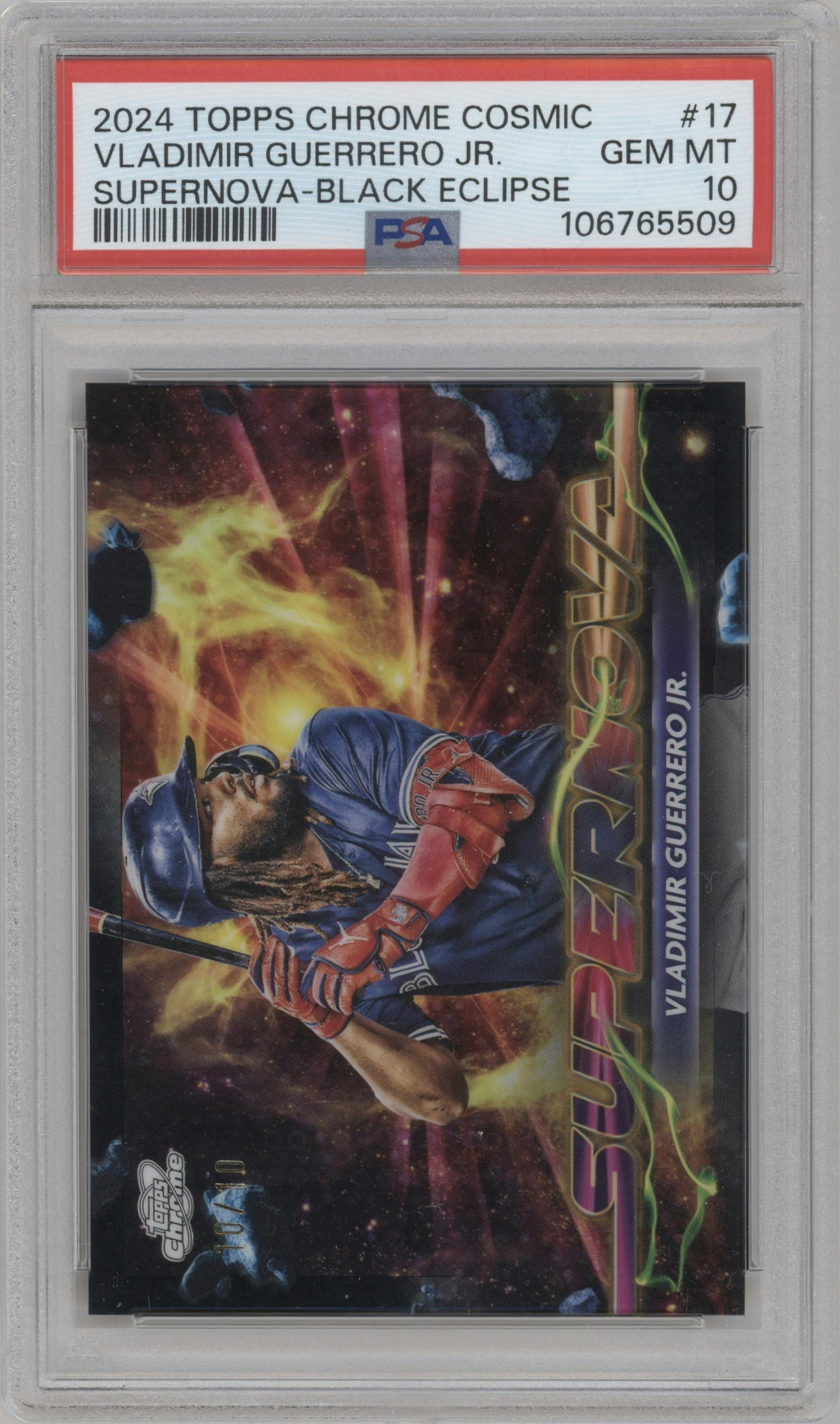 Vladimir Guerrero Jr.  from the 2024 Topps Cosmic Chrome set featuring a Black Eclipse Refractor parallel graded by PSA and given an overall grade of 10.