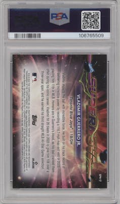 Vladimir Guerrero Jr.  from the 2024 Topps Cosmic Chrome set featuring a Black Eclipse Refractor parallel graded by PSA and given an overall grade of 10.