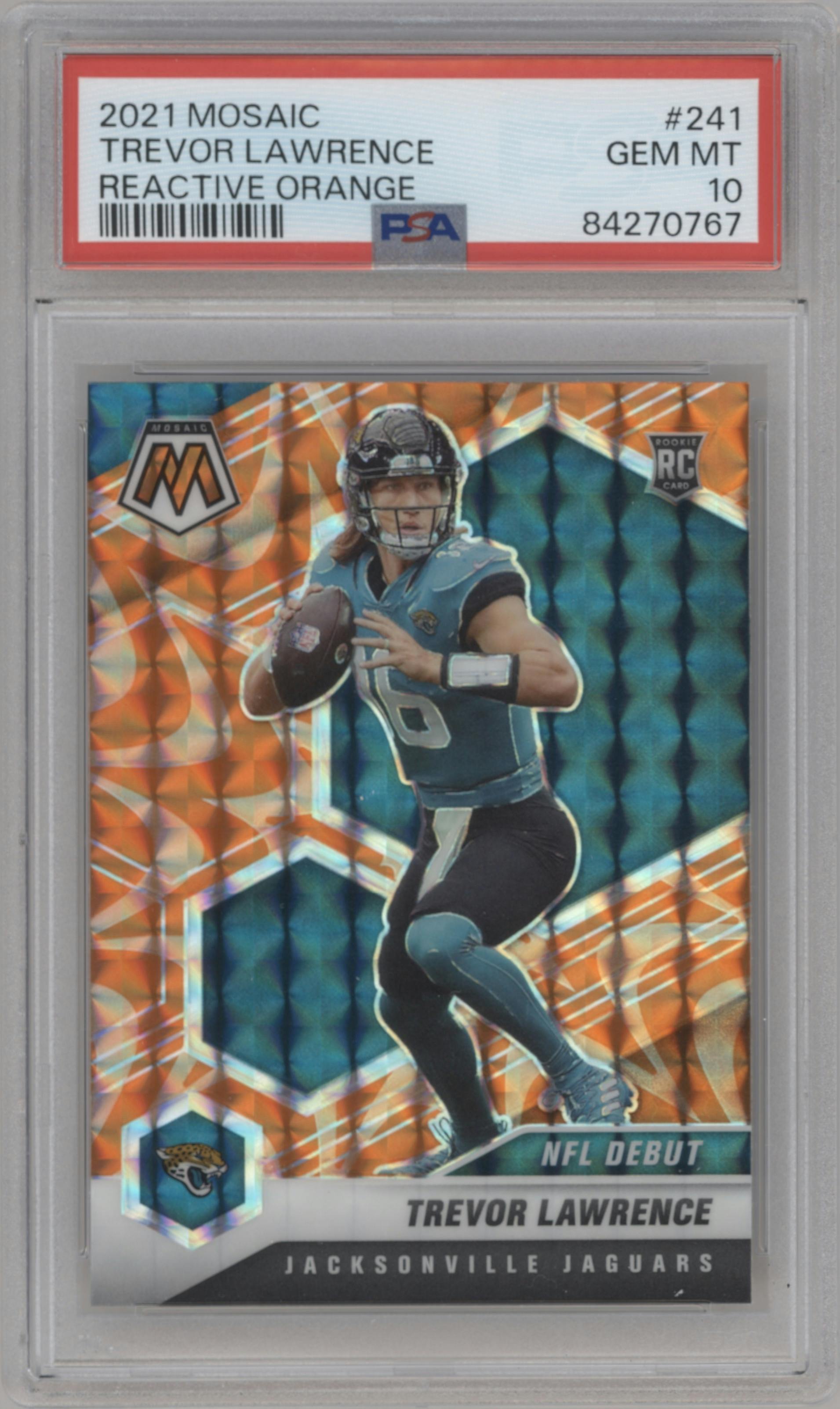 Trevor Lawrence from the 2021 Panini Mosaic set featuring a Reactive Orange parallel graded by PSA and given an overall grade of 10.
