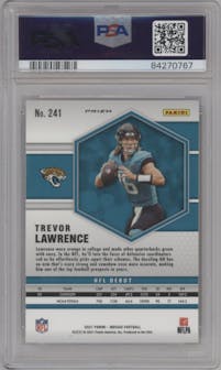 Trevor Lawrence from the 2021 Panini Mosaic set featuring a Reactive Orange parallel graded by PSA and given an overall grade of 10.