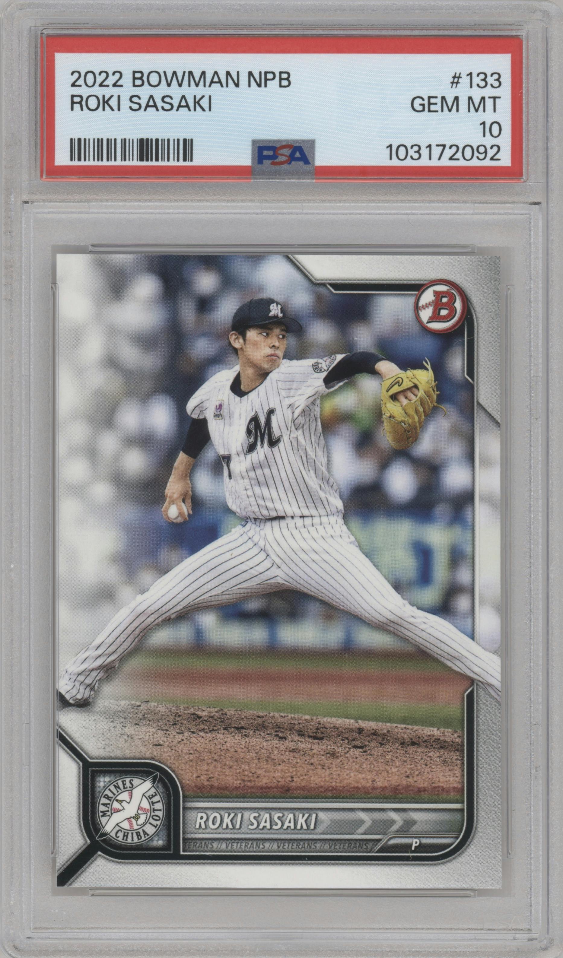 Roki Sasaki from the 2022 Bowman Nippon Professional Baseball set graded by PSA and given an overall grade of 10.