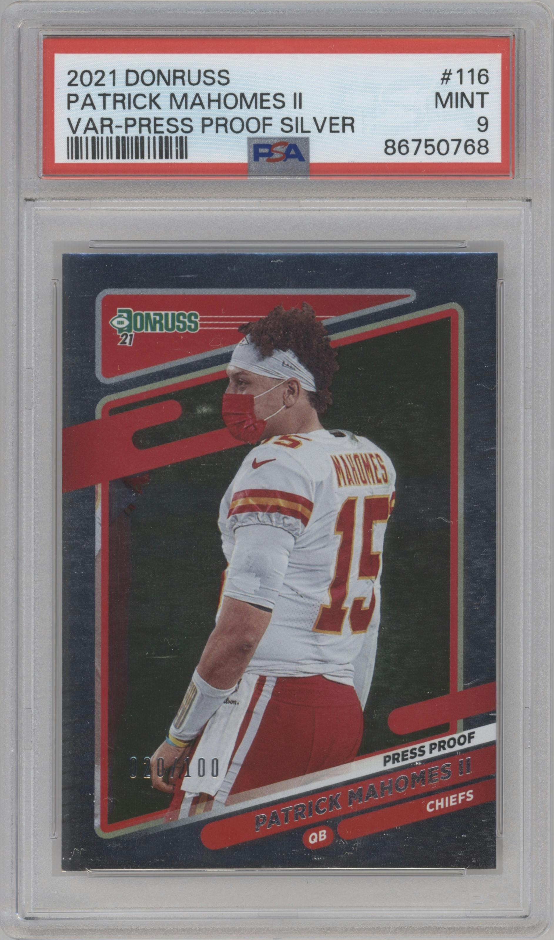 Patrick Mahomes II from the 2021 Panini Donruss set featuring a Silver Press Proof  parallel graded by PSA and given an overall grade of 9.