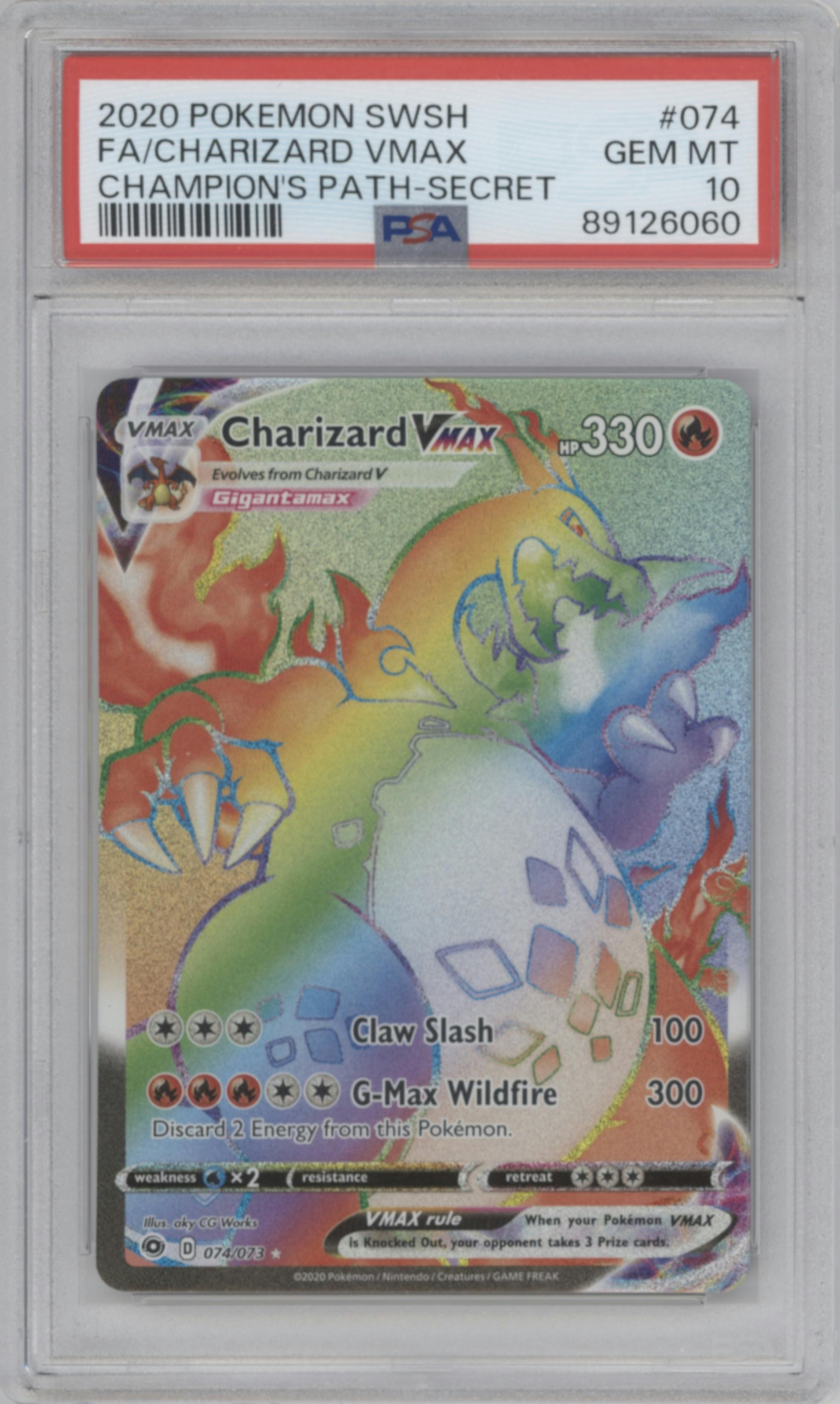 Charizard VMAX from the 2020 Pokemon SWSH set graded by PSA and given an overall grade of 10.