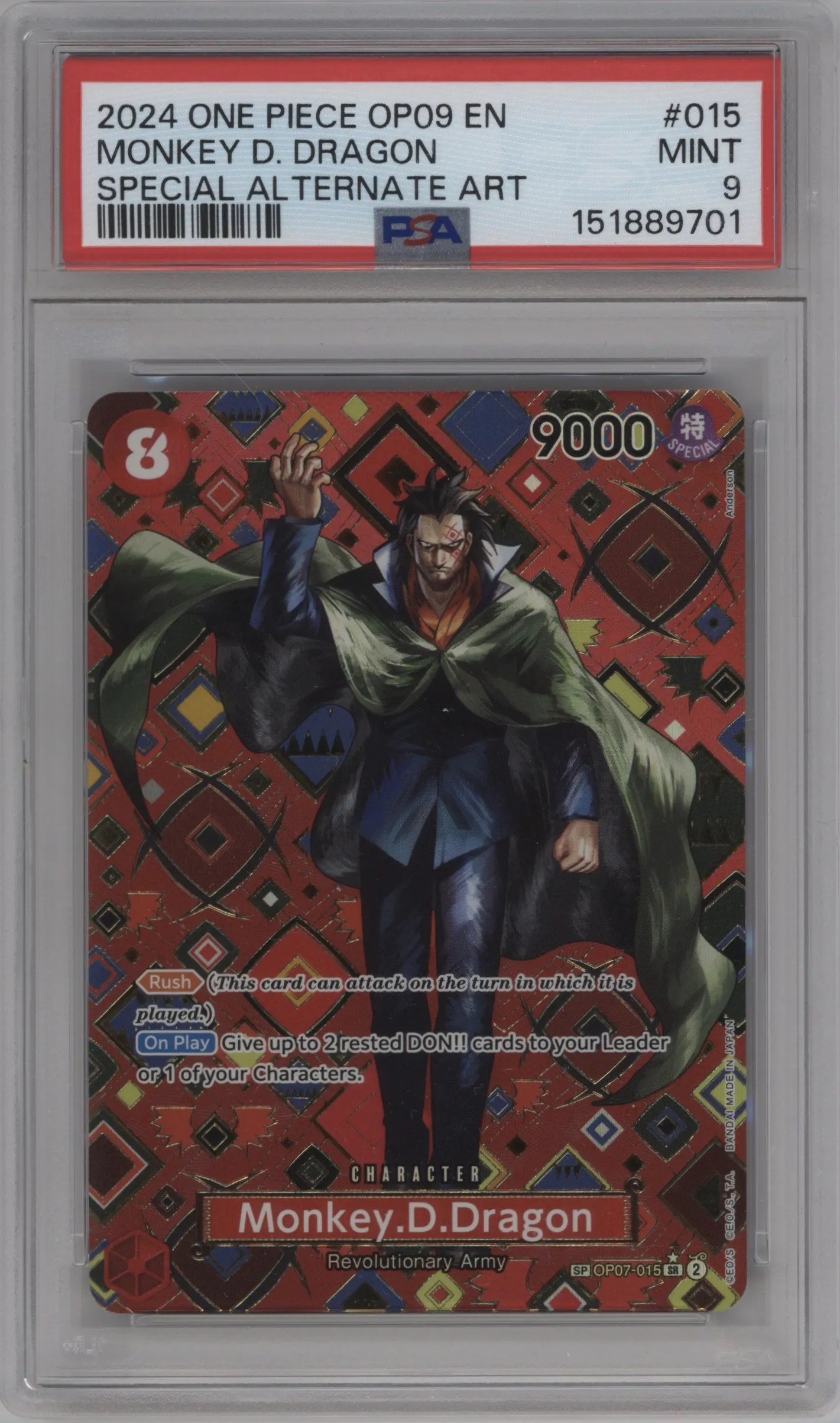 2024 One Piece Emperors in the New World Monkey.D.Dragon Alternate Art OP07-015 SR #SP OP07-015 SR PSA 9