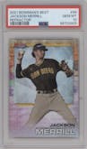 Jackson Merrill from the 2021 Bowman’s Best set featuring a Refractor parallel graded by PSA and given an overall grade of 10.