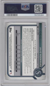 Julio Rodriguez from the 2022 Bowman set featuring a Gold Refractor parallel graded by PSA and given an overall grade of 10.