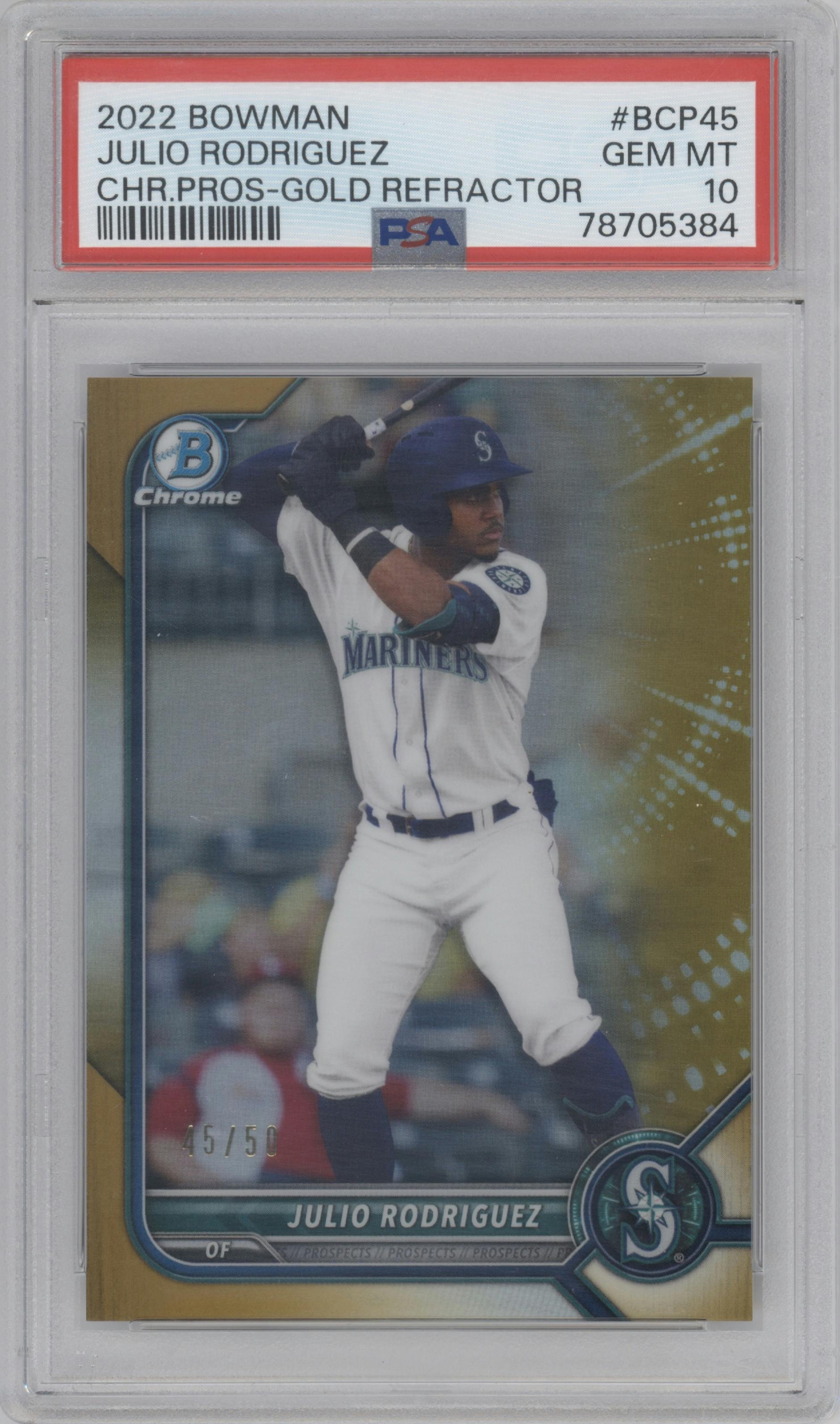 Julio Rodriguez from the 2022 Bowman set featuring a Gold Refractor parallel graded by PSA and given an overall grade of 10.