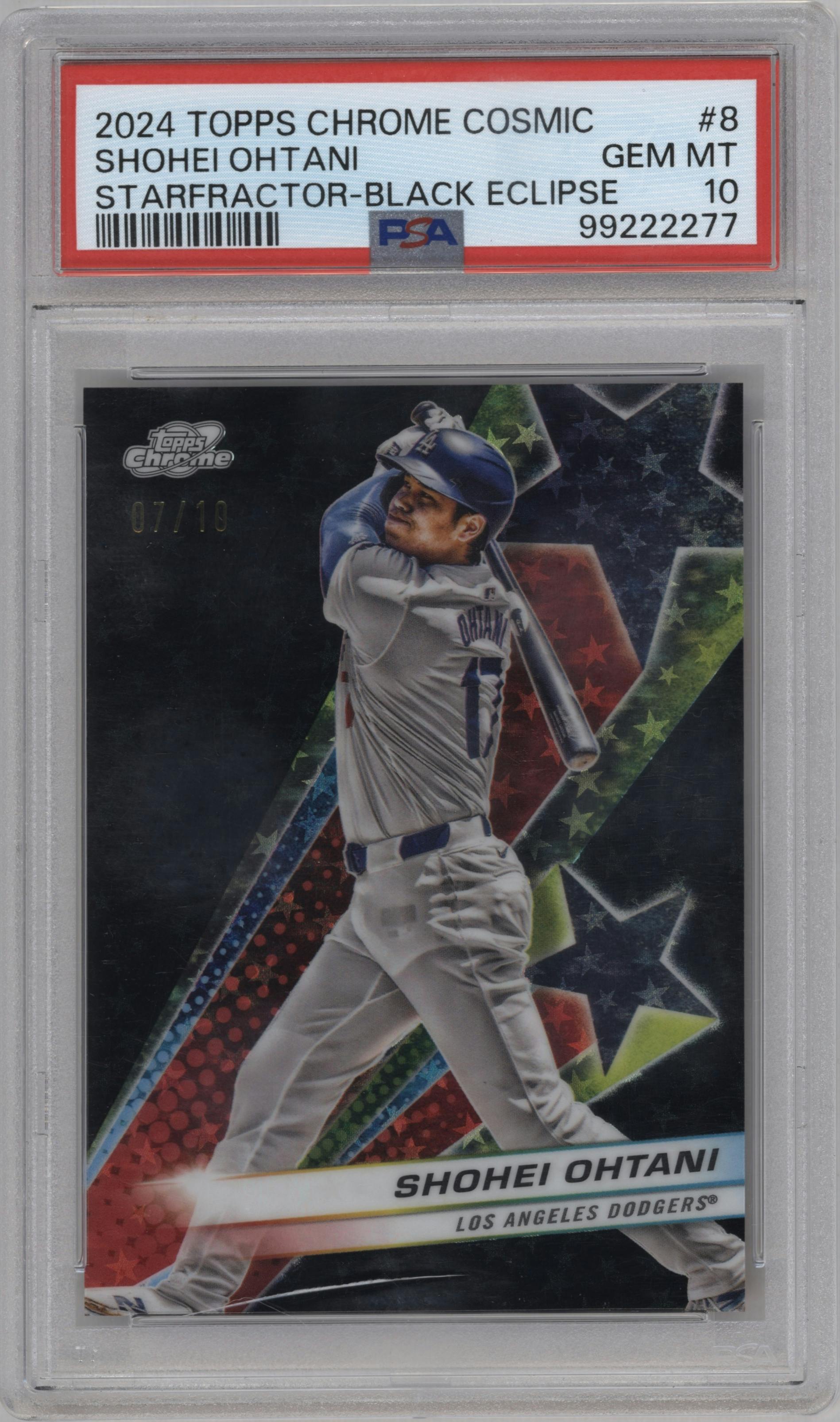 Shohei Ohtani from the 2024 Topps Cosmic Chrome set featuring a Black Eclipse Refractor parallel graded by PSA and given an overall grade of 10.