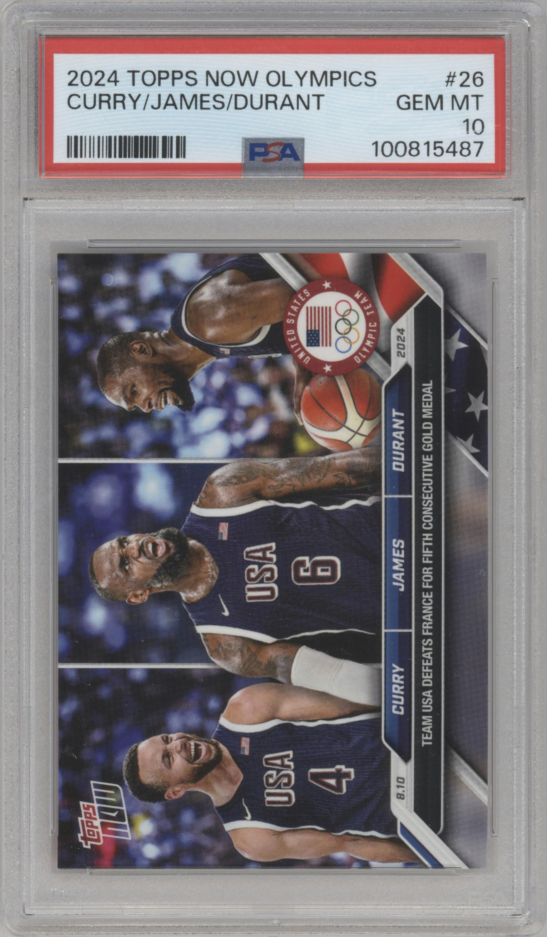 Stephen Curry/LeBron James/Kevin Durant from the 2024 Topps Now Olympics set graded by PSA and given an overall grade of 10.