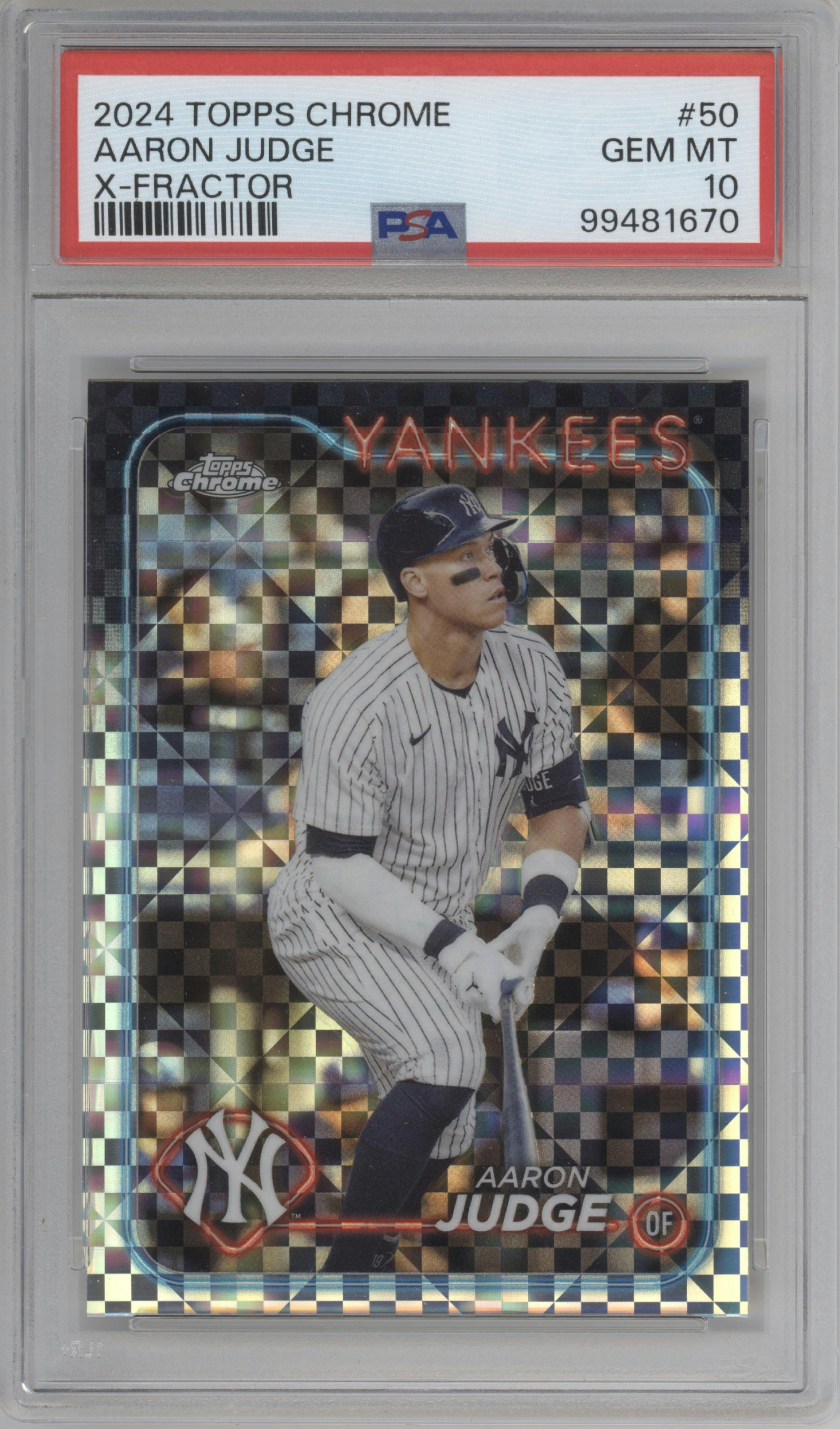 Aaron Judge from the 2024 Topps Chrome set featuring a X-Fractor parallel graded by PSA and given an overall grade of 10.