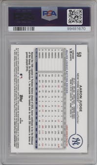 Aaron Judge from the 2024 Topps Chrome set featuring a X-Fractor parallel graded by PSA and given an overall grade of 10.