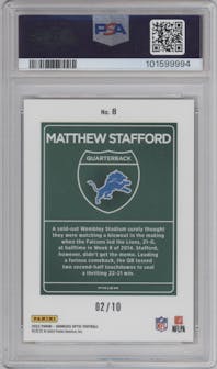 Matthew Stafford from the 2023 Donruss Optic set featuring a Gold parallel graded by PSA and given an overall grade of 8.