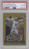 Matthew Stafford from the 2023 Donruss Optic set featuring a Gold parallel graded by PSA and given an overall grade of 8.