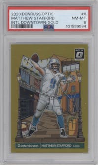 Matthew Stafford from the 2023 Donruss Optic set featuring a Gold parallel graded by PSA and given an overall grade of 8.