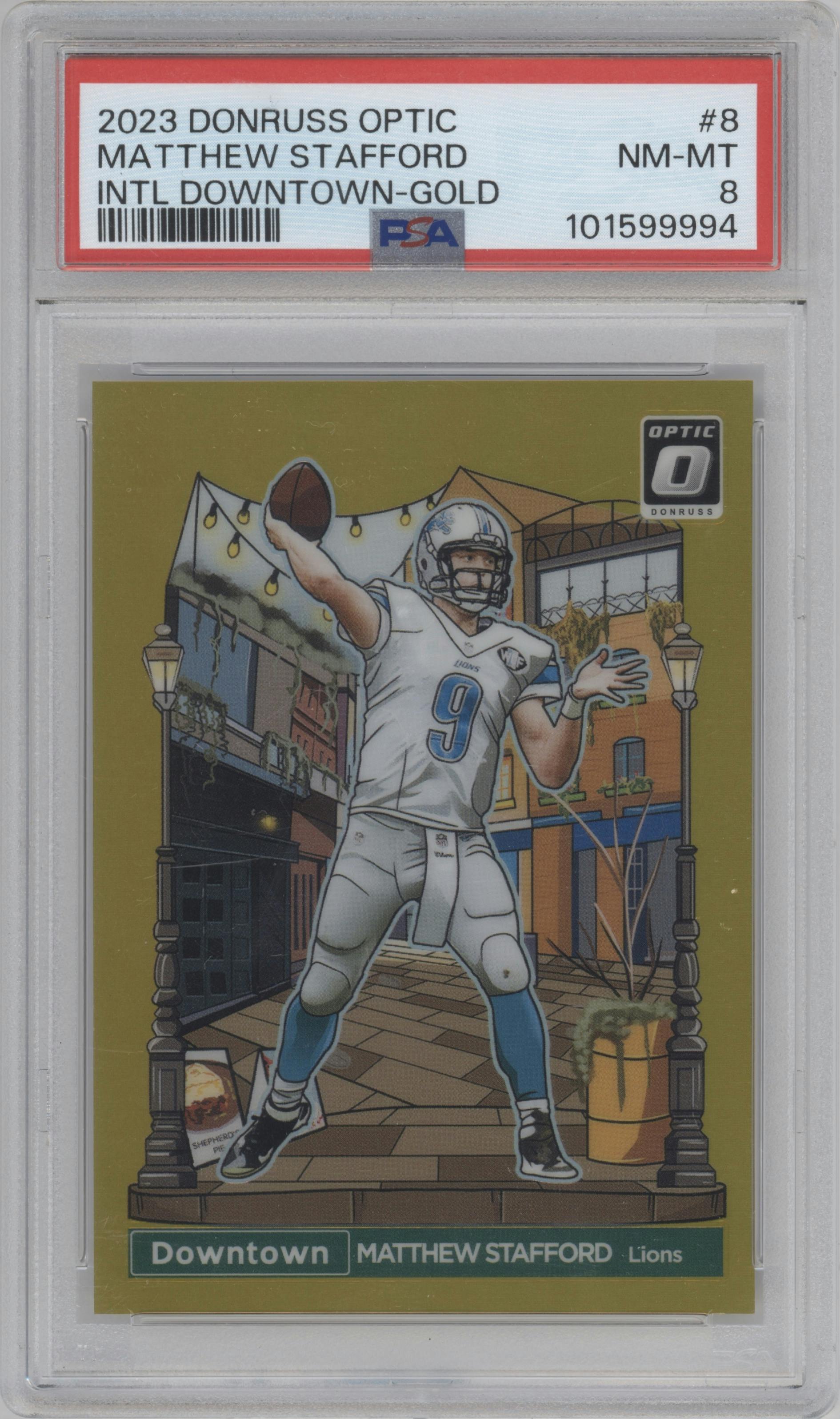 Matthew Stafford from the 2023 Donruss Optic set featuring a Gold parallel graded by PSA and given an overall grade of 8.
