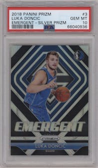 Luka Doncic from the 2018-19 Panini Prizm set featuring a Silver Prizm parallel graded by PSA and given an overall grade of 10.