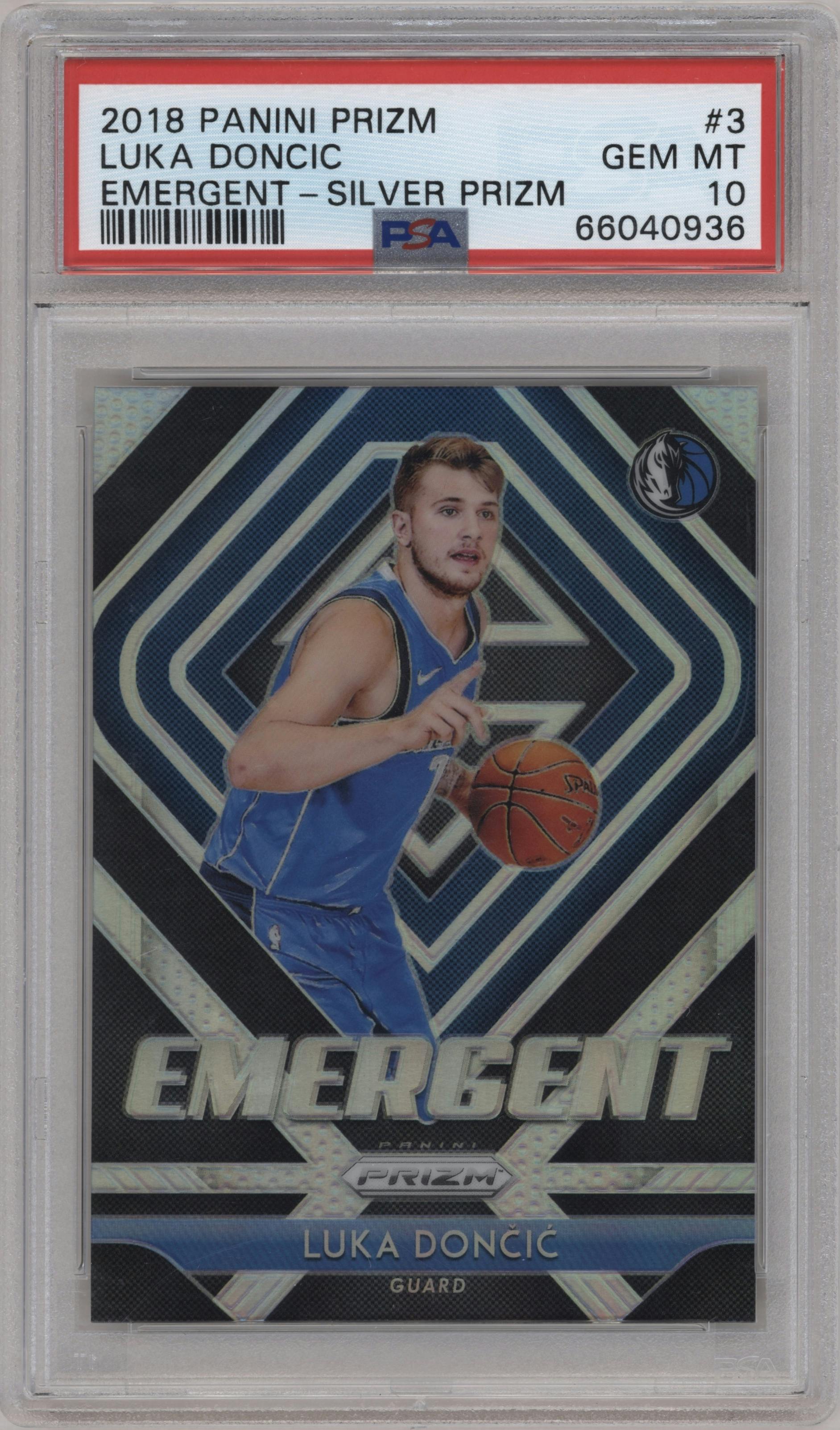 Luka Doncic from the 2018-19 Panini Prizm set featuring a Silver Prizm parallel graded by PSA and given an overall grade of 10.