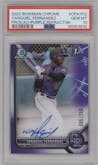 Yanquiel Fernandez from the 2022 Bowman Chrome set featuring a Purple Ref. parallel graded by PSA and given an overall grade of 10.