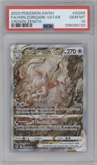 Hisuian Zoroark VSTAR from the 2023 Pokemon SWSH set graded by PSA and given an overall grade of 10.