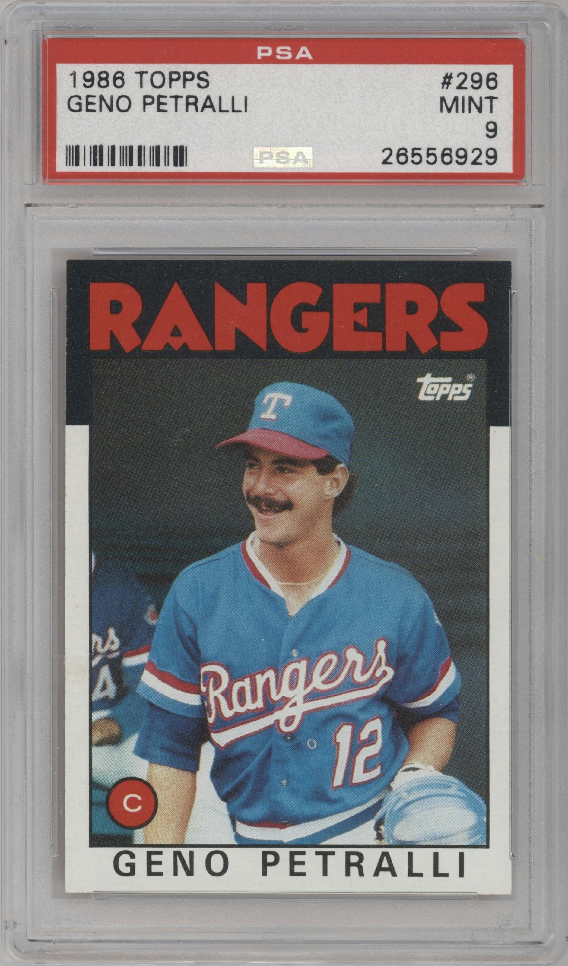 Geno Petralli from the 1986 Topps set graded by PSA and given an overall grade of 9.