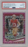 Christian McCaffrey from the 2023 Donruss Optic set featuring a Pink Velocity parallel graded by PSA and given an overall grade of 10.
