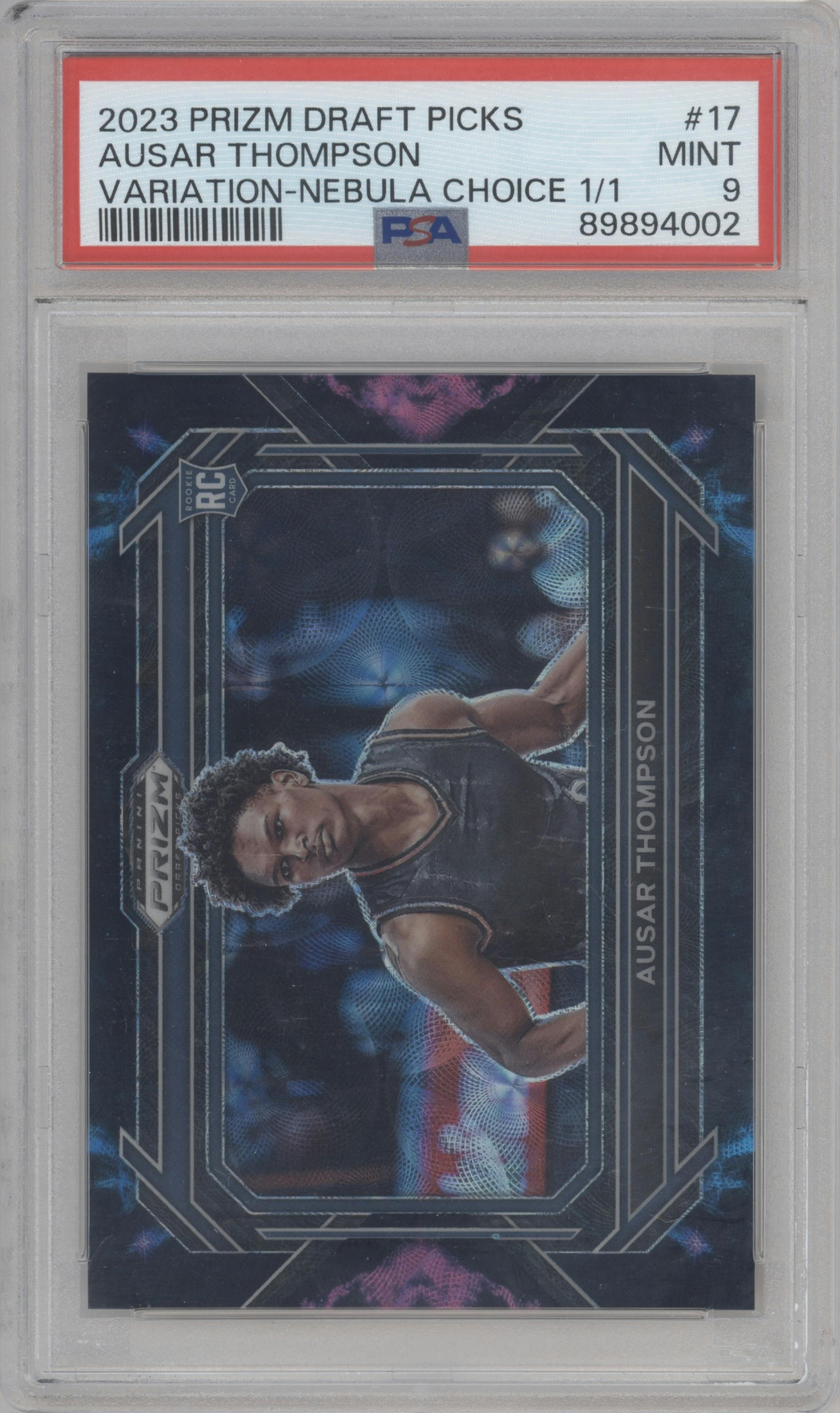 Ausar Thompson from the 2023-24 Panini Prizm Draft Picks set featuring a Choice Nebula parallel graded by PSA and given an overall grade of 9.