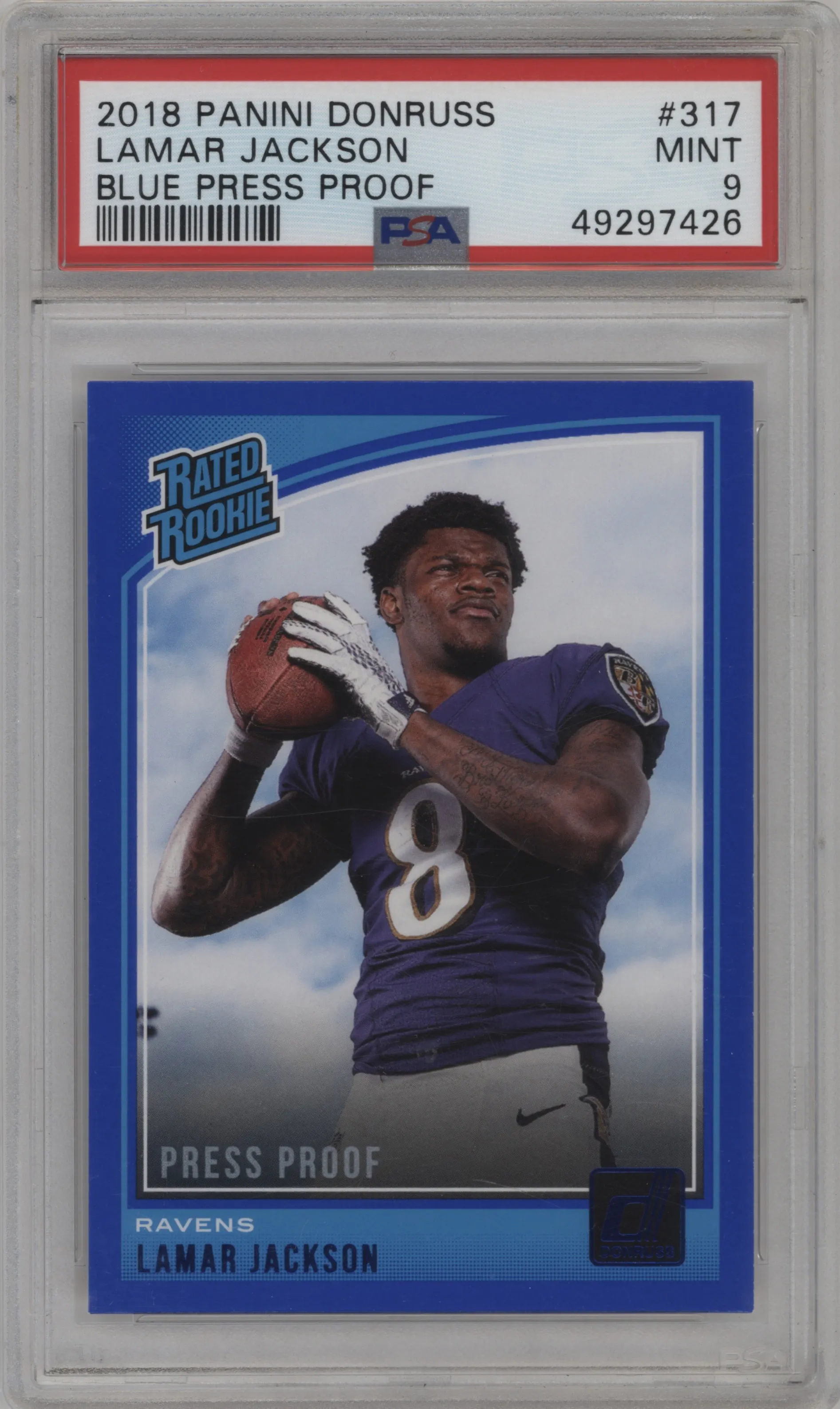 2018 Panini Donruss Rated Rookie Lamar Jackson Press Proof Blue PSA 9