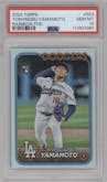 Yoshinobu Yamamoto from the 2024 Topps  set featuring a Rainbow Foil parallel graded by PSA and given an overall grade of 10.