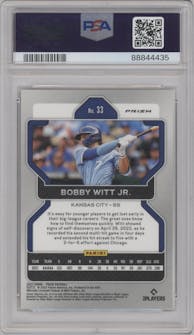 Bobby Witt Jr. from the 2022 Panini Prizm set featuring a Red Prizm  parallel graded by PSA and given an overall grade of 10.