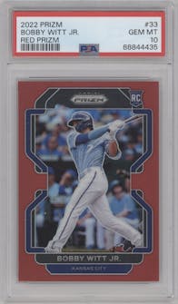 Bobby Witt Jr. from the 2022 Panini Prizm set featuring a Red Prizm  parallel graded by PSA and given an overall grade of 10.