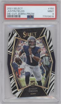 Justin Fields from the 2021 Panini Select set featuring a Die-Cut Zebra parallel graded by PSA and given an overall grade of 9.