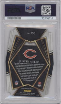 Justin Fields from the 2021 Panini Select set featuring a Die-Cut Zebra parallel graded by PSA and given an overall grade of 9.