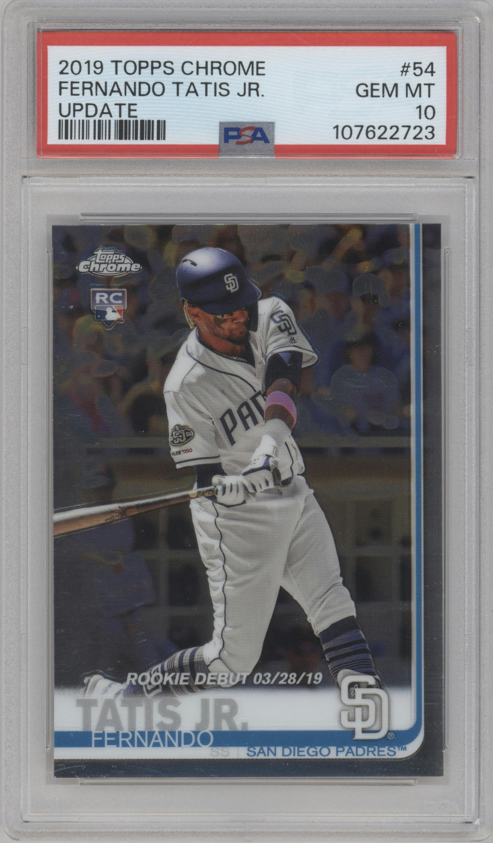 Fernando Tatis Jr. from the 2019 Topps Chrome Update set graded by PSA and given an overall grade of 10.