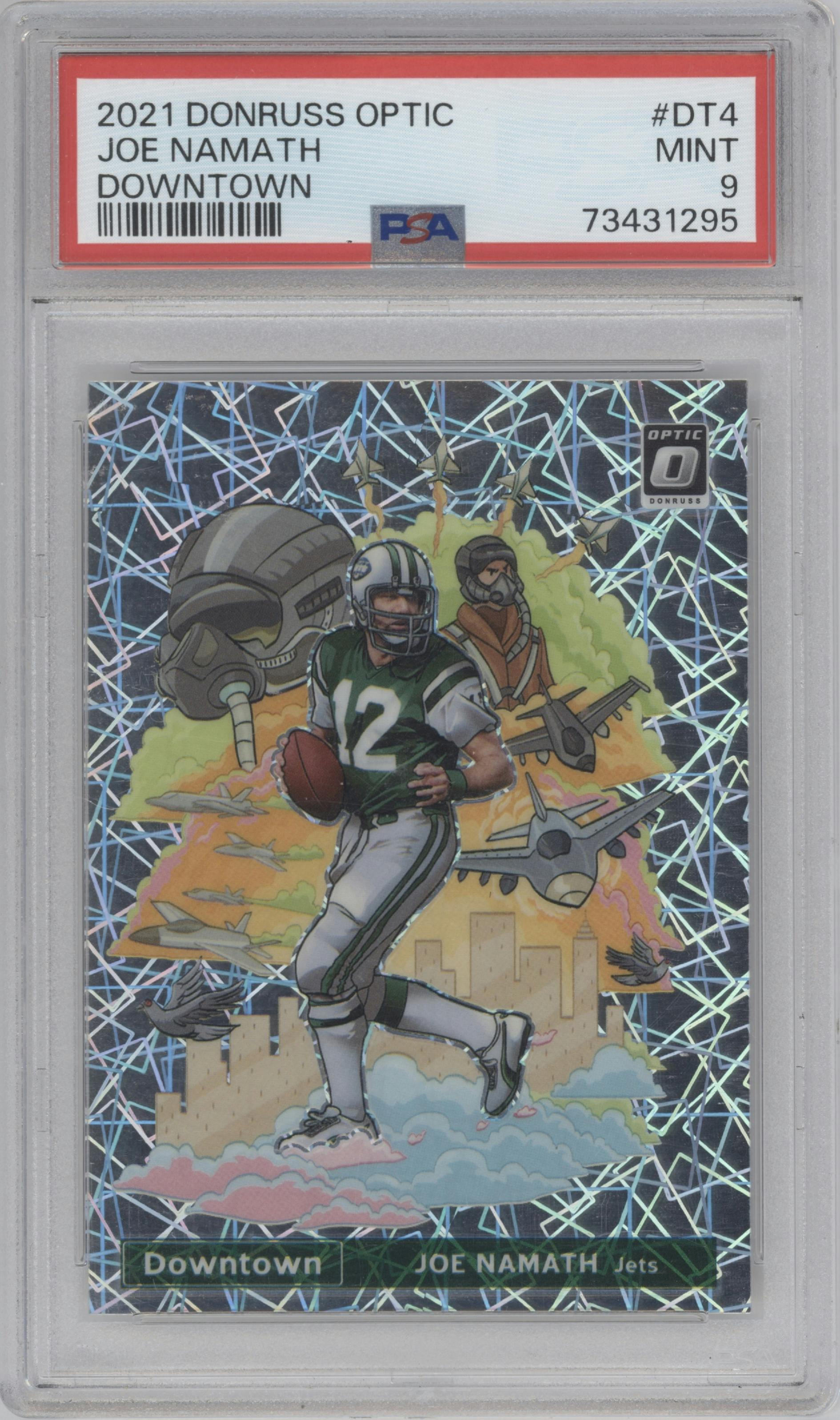 Joe Namath from the 2021 Panini Donruss Optic set graded by PSA and given an overall grade of 9.