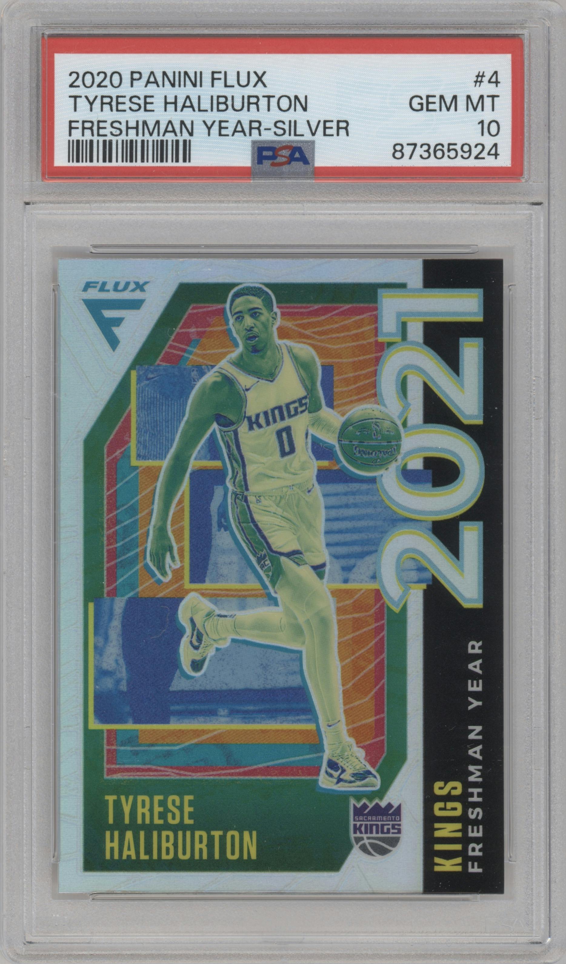 Tyrese Haliburton from the 2020-21 Panini Flux set featuring a Silver parallel graded by PSA and given an overall grade of 10.