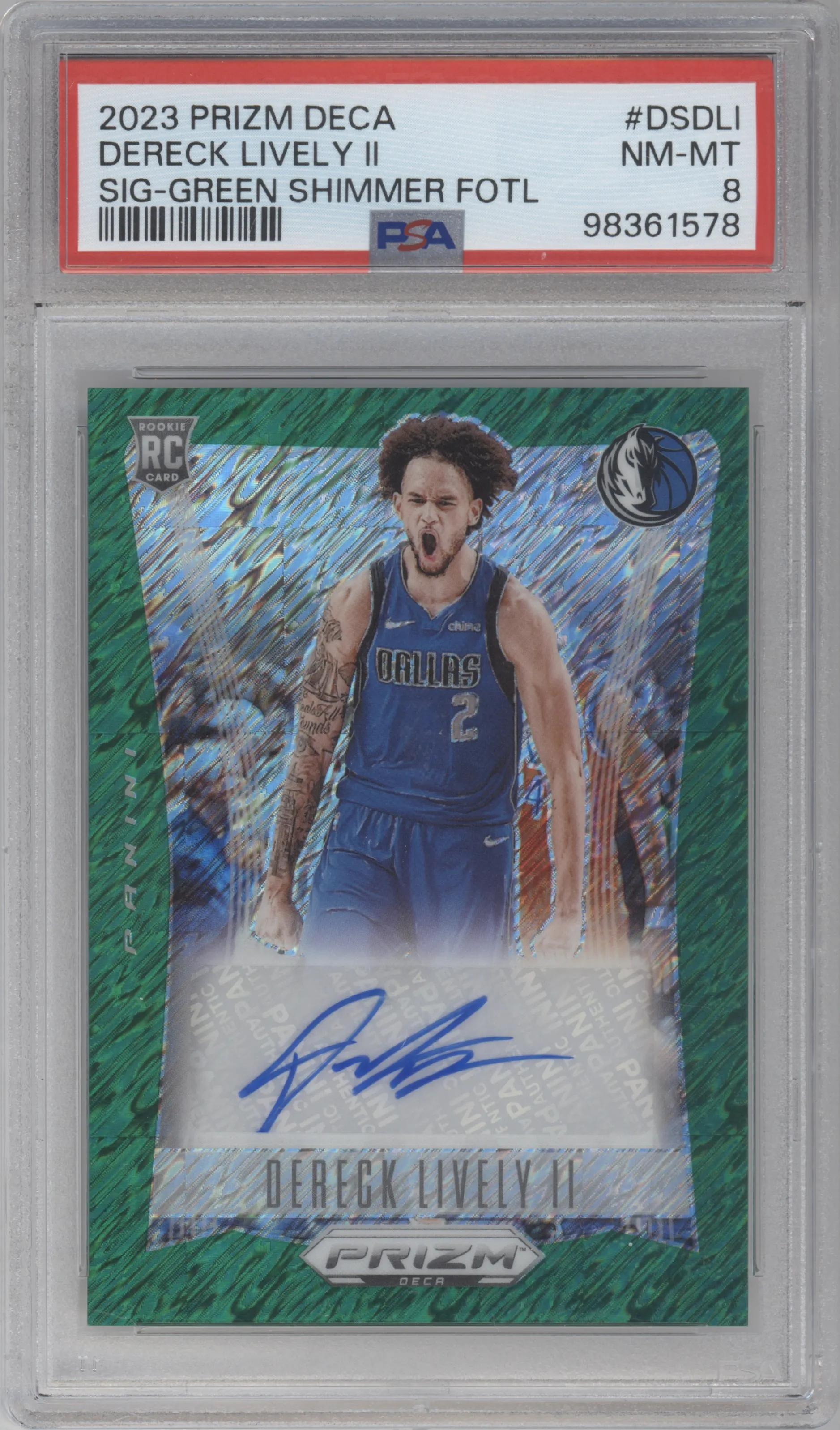 2023 Panini Prizm Deca Sig. Dereck Lively II FOTL Green Shimmer #DS-DLI PSA 8