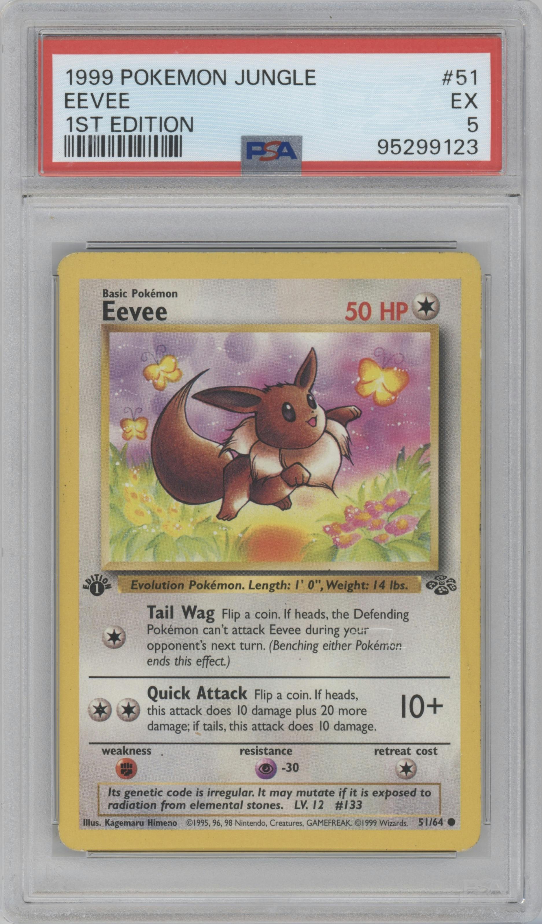 Eevee from the 1999 Pokemon set graded by PSA and given an overall grade of 5.