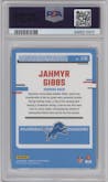 Jahmyr Gibbs from the 2023 Donruss Optic set featuring a  Purple Shock parallel graded by PSA and given an overall grade of 9.