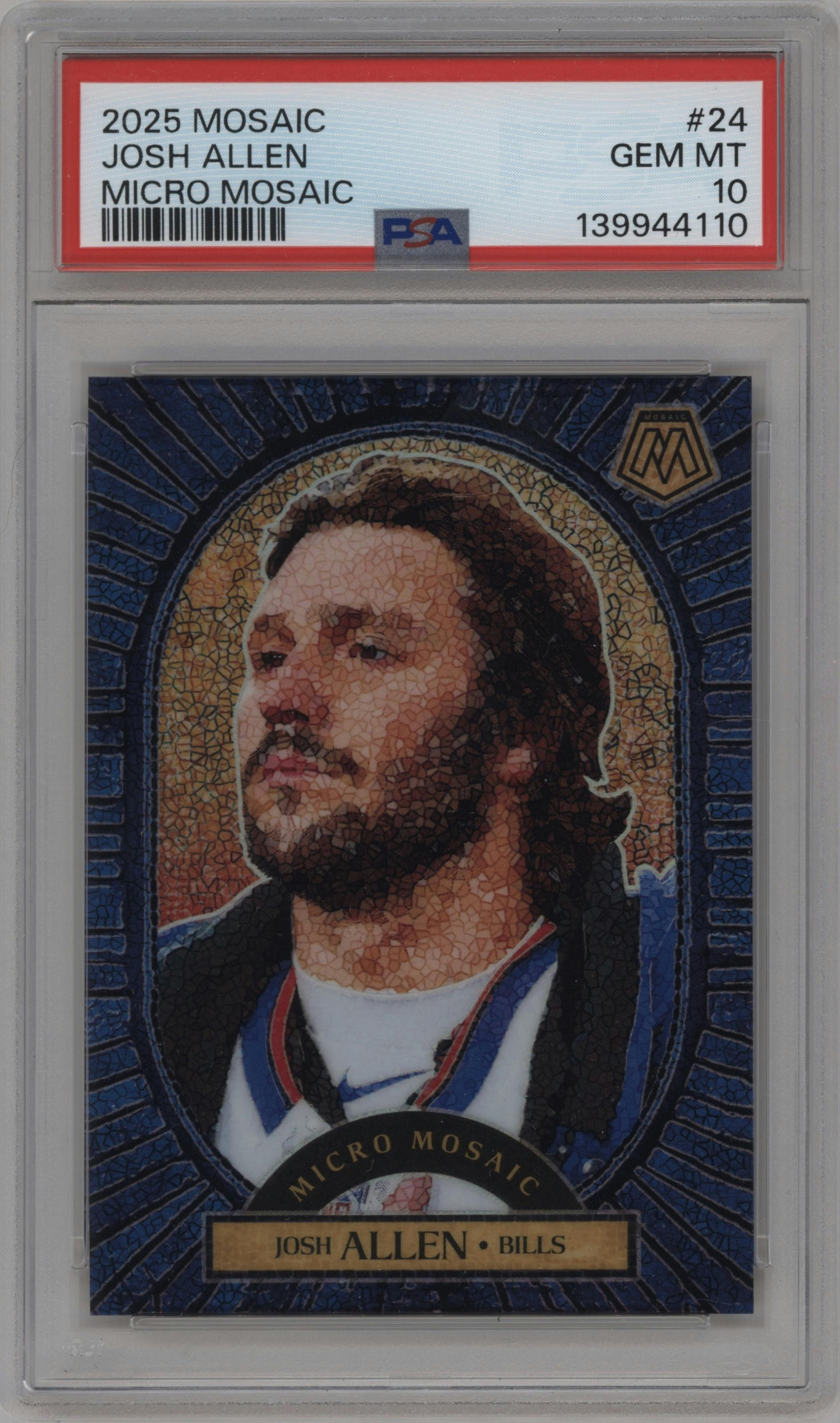 Josh Allen from the 2025 Panini Mosaic set graded by PSA and given an overall grade of 10.