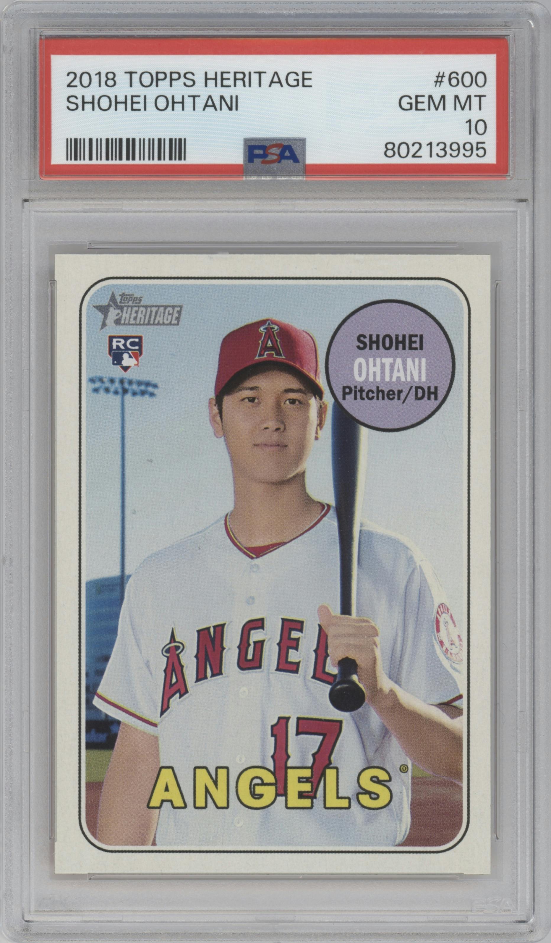 Shohei Ohtani from the 2018 Topps Heritage High Number set graded by PSA and given an overall grade of 10.