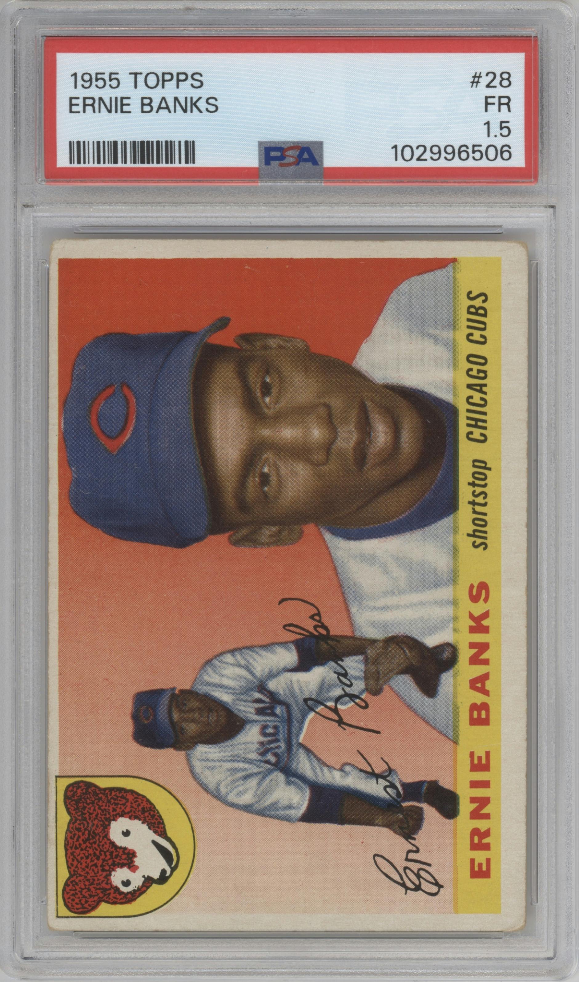 Ernie Banks from the 1955 Topps set graded by PSA and given an overall grade of 1.5.