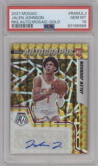 Jalen Johnson from the 2021-22 Panini Mosaic  set featuring a Gold Mosaic parallel graded by PSA and given an overall grade of 10.