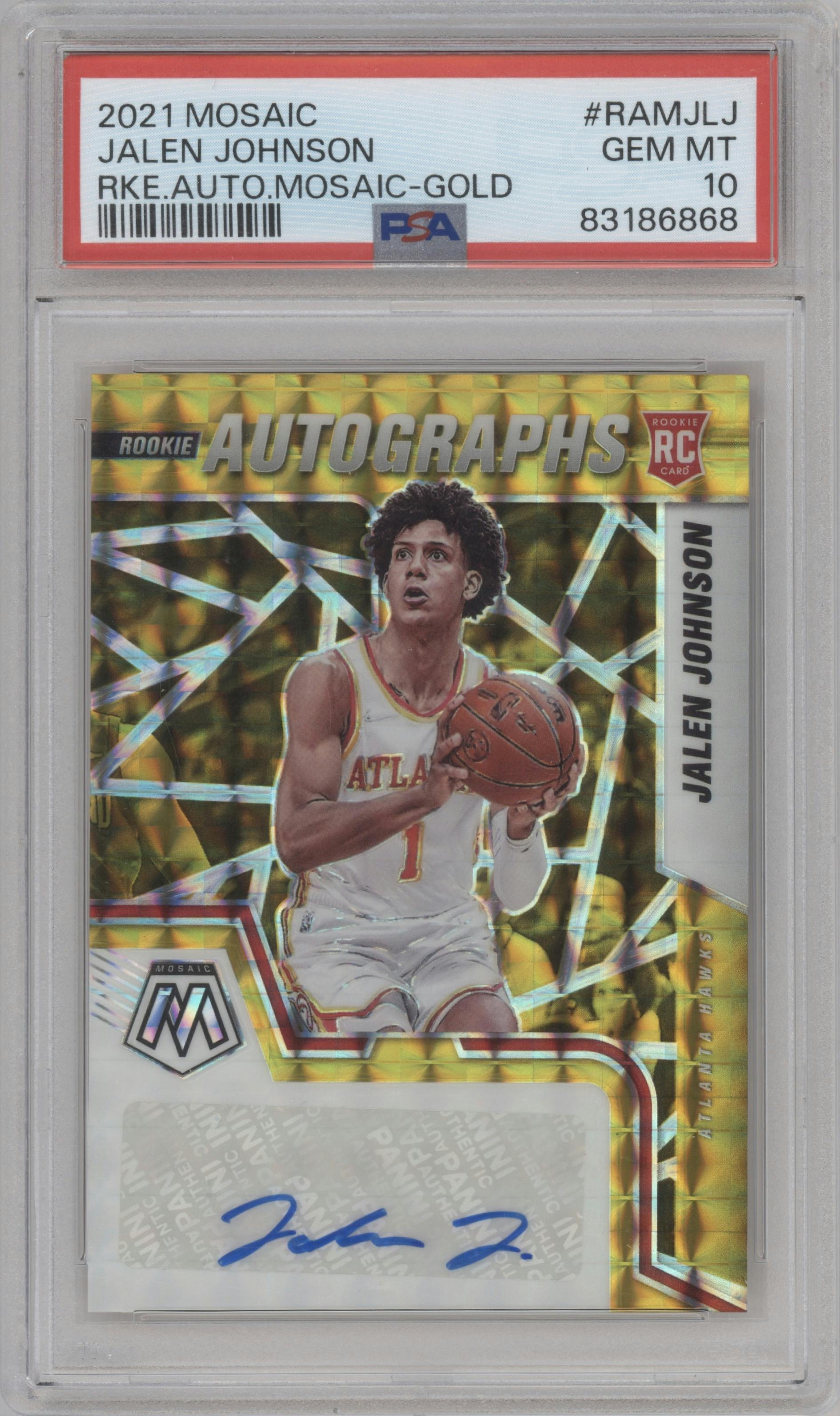 Jalen Johnson from the 2021-22 Panini Mosaic  set featuring a Gold Mosaic parallel graded by PSA and given an overall grade of 10.