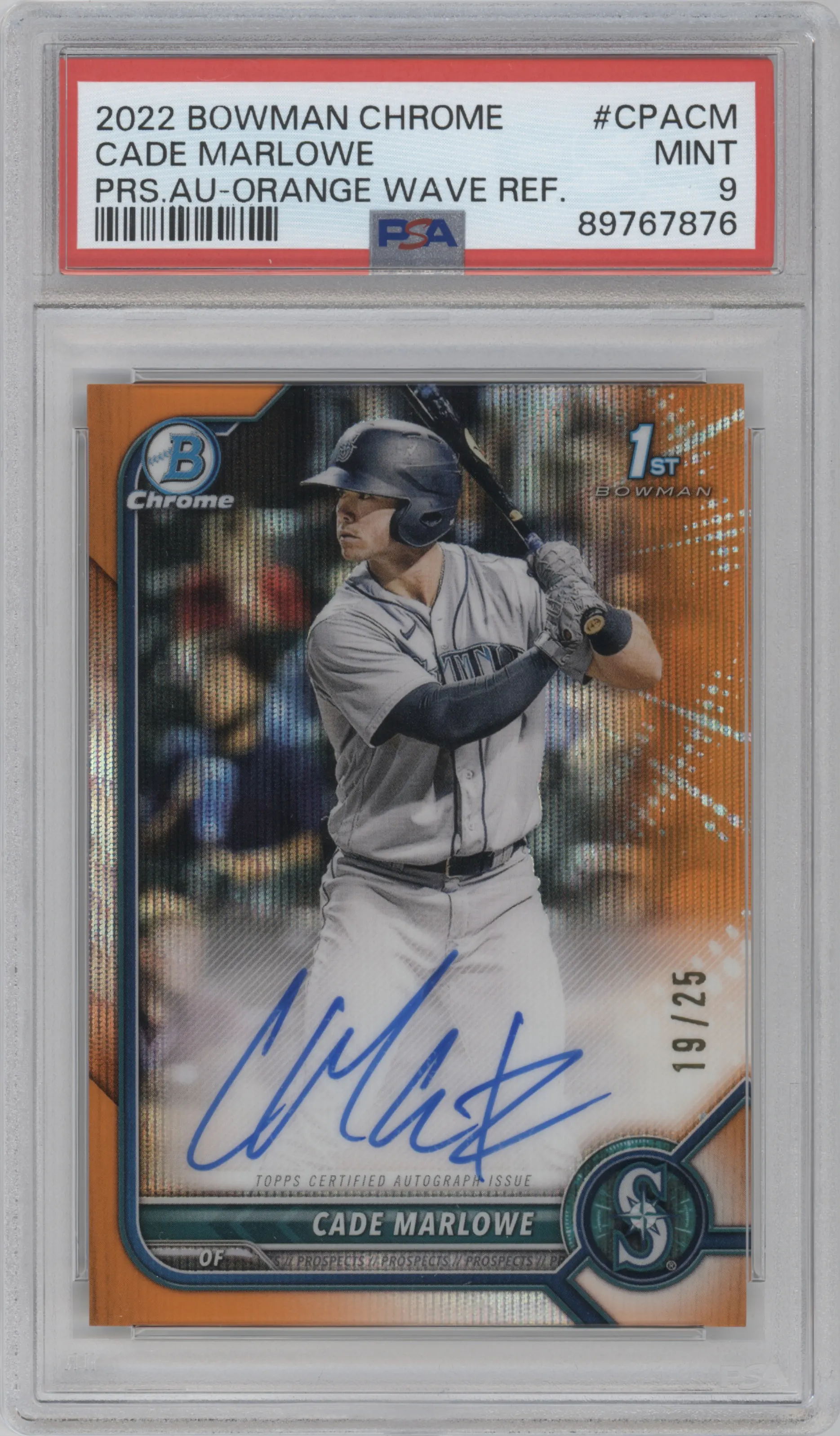 2022 Bowman Chrome Pros.Auto Cade Marlowe Orange Wave PSA 9